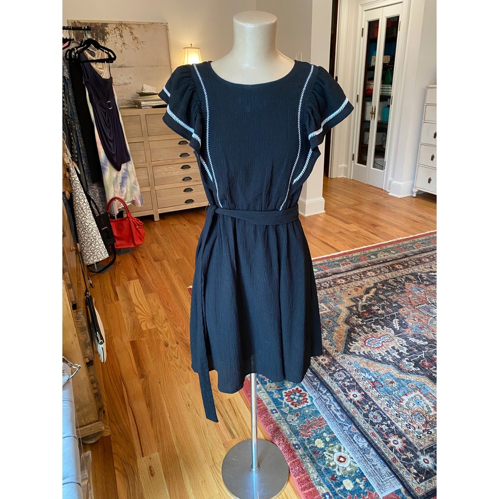 Banana Republic Black Embroidered Ruffle Sleeve Belted Dress Petite Small
